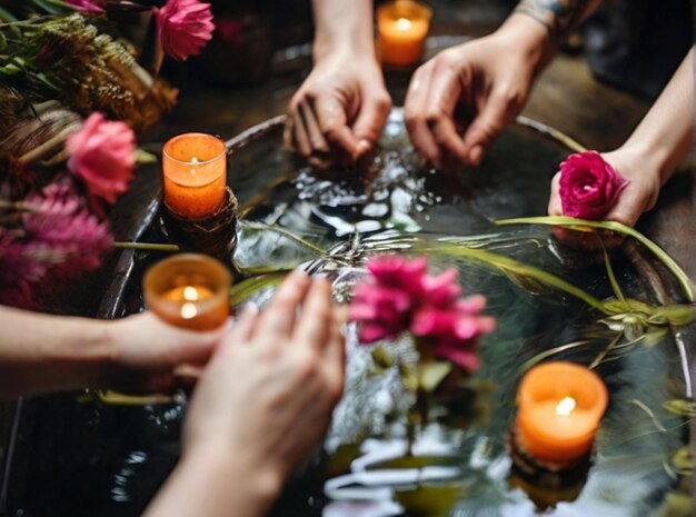 Photo photo high angle view of people hand in water with flowers palmsunday ritual