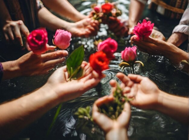 Photo photo high angle view of people hand in water with flowers palmsunday ritual