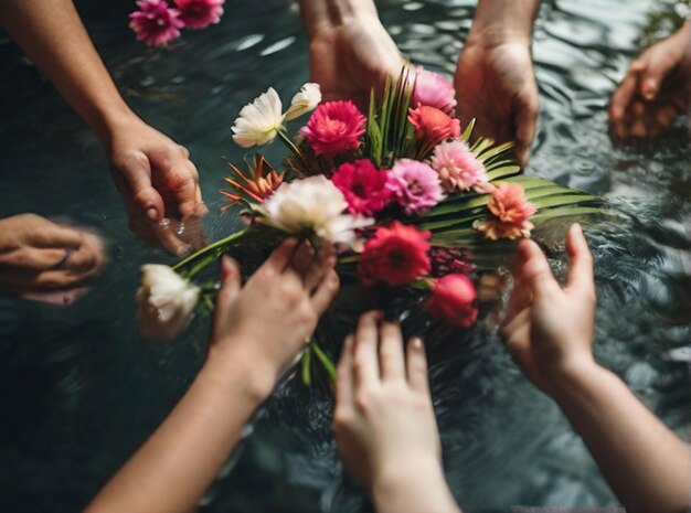 Photo photo high angle view of people hand in water with flowers palmsunday ritual