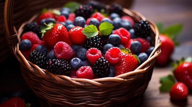 A photo high quality details Close up of a basket overflowing with berries