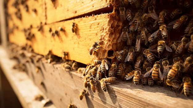 A photo high quality details Close up of a buzzing beehive entrance