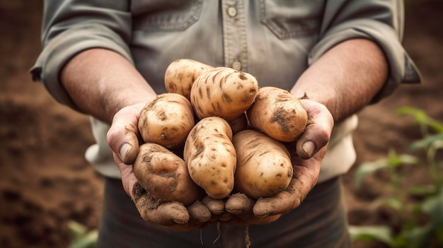 A photo high quality details Farmer's hands holding a freshly dug potato