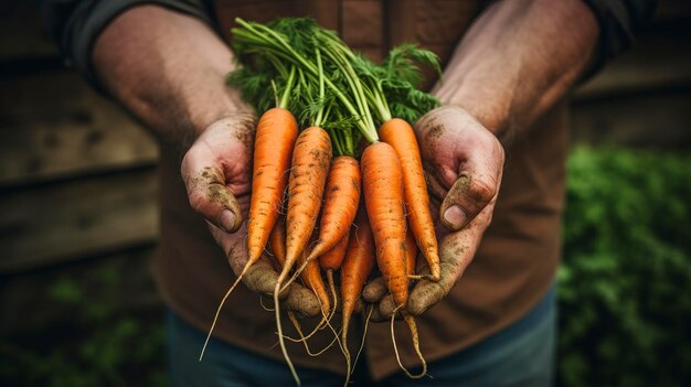 A photo high quality details Farmer's hands holding freshly pulled carrots