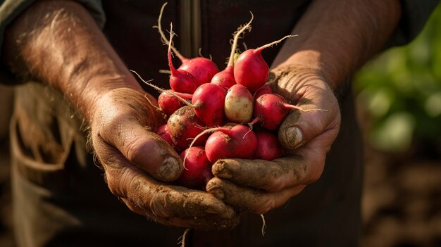 A photo high quality details Farmer's hands holding freshly pulled radishes