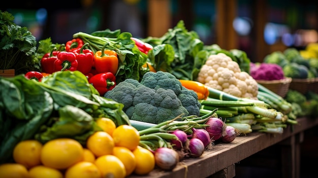 A photo high quality details farmer's market stall with vibrant produce