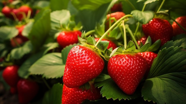 A photo high quality details field of ripe strawberries ready for picking