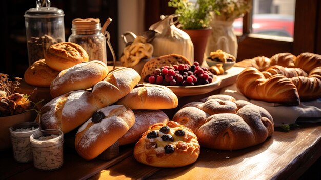 A photo high quality details Homemade bread and pastries displayed on a table