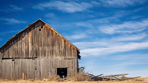 A photo high quality details weathered barn against a blue sky