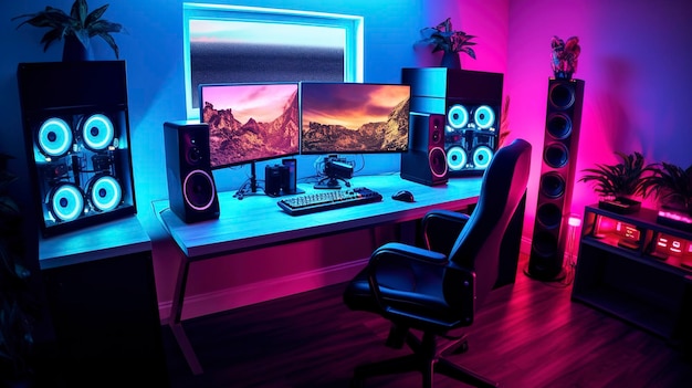 A Photo of High Tech Gaming Setup with RGB Lighting