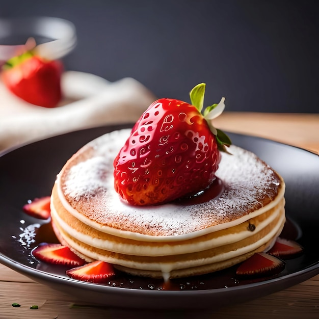 写真のハイアングルパンケーキ ストロベリーシロップ添え