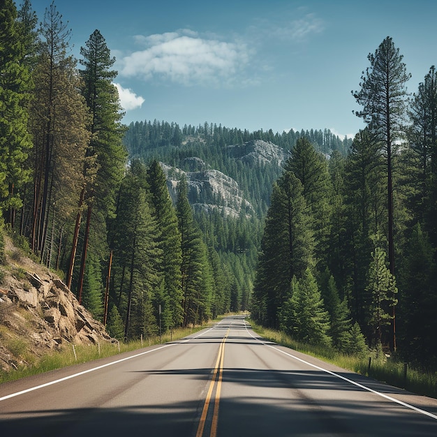 Foto foto dell'autostrada accompagnata da alberi di pino sul lato della strada