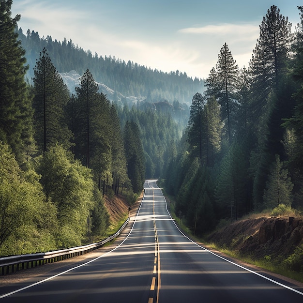 photo of the highway accompanied by pine trees on the side of the road