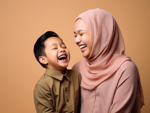 Фотография матери в хиджабе с маленьким сыном в хорошем настроении в розовой футболке на изолированном фоне