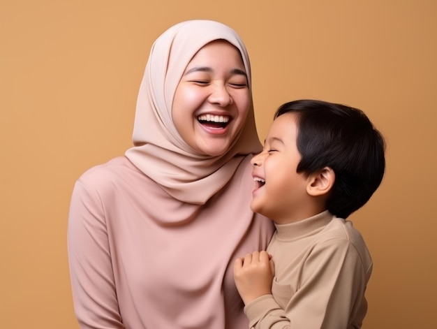 Photo of hijab mother with her little son in good mood wearing pink tshirt on isolated background