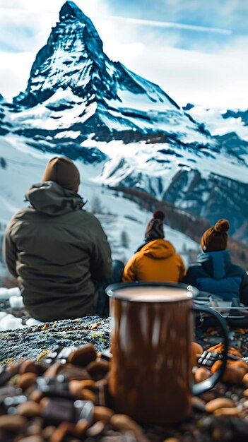 スイスの山頂で休むハイカーの写真 スイスの家族活動 仕事の世話