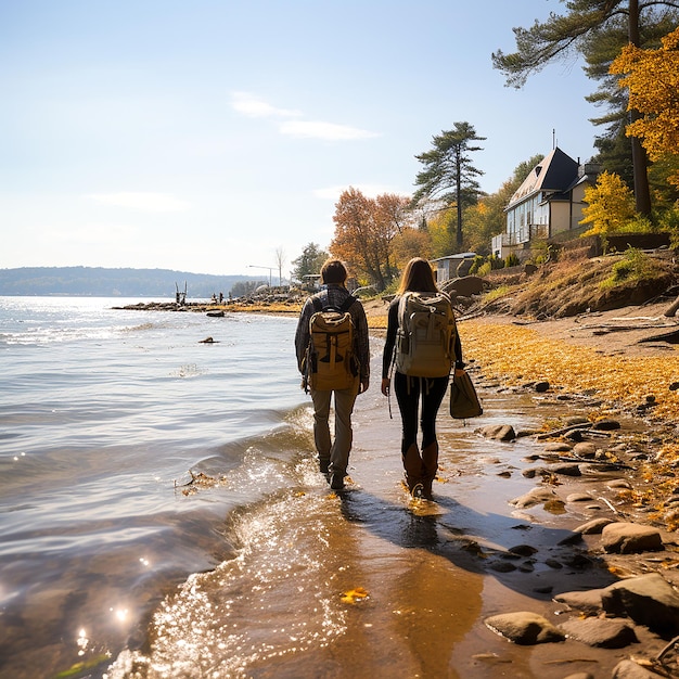 photo hiking couple walking near the lake Generated by AI