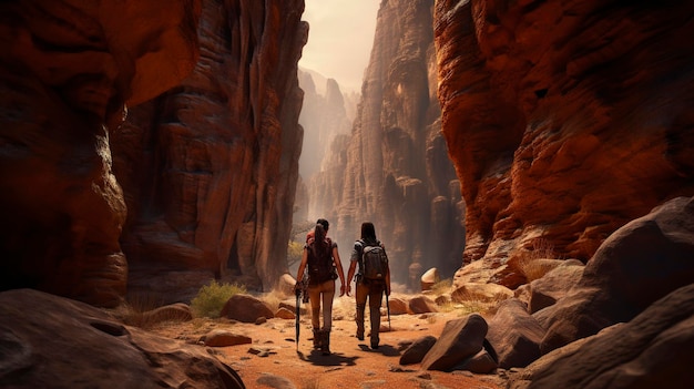 A photo of a hiking through a canyon