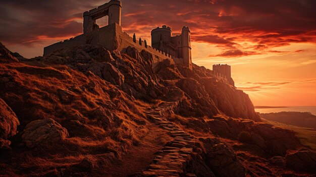 A photo of a hilltop castle historical ruins sunset