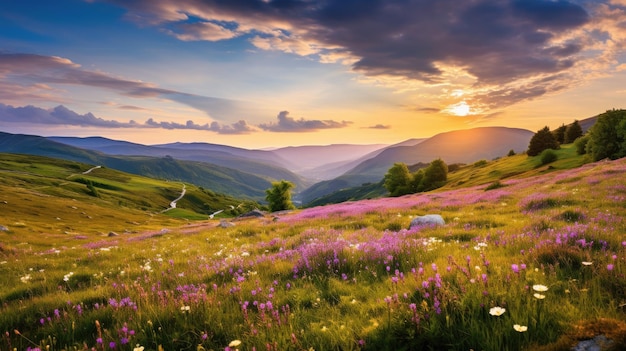 A photo of a hilly terrain with a wildflower meadow dappled sunlight