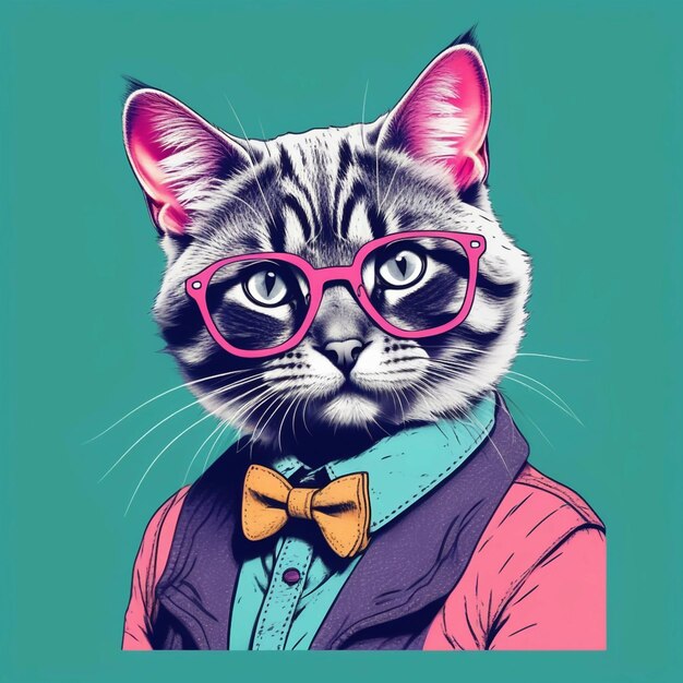 Photo photo hipster cute pop art cat illustration hand drawn