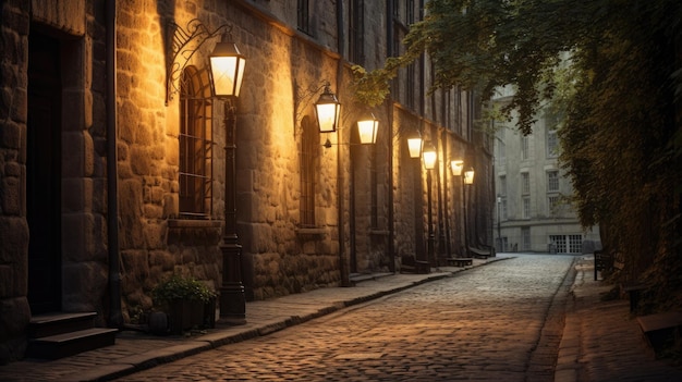 A photo of a historic cobblestone alleyway wrought iron lanterns