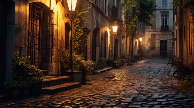 Photo a photo of a historic cobblestone alleyway wrought iron lanterns