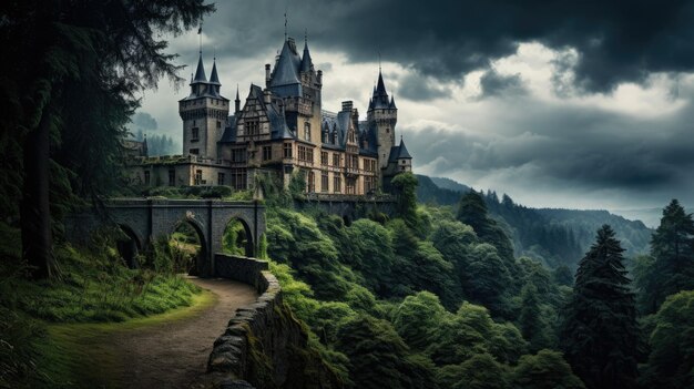 A photo of a historic European castle lush forest backdrop