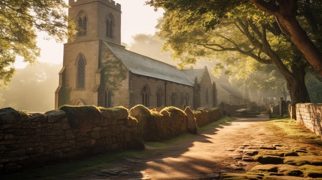 A photo of a historic stone church in a quaint village soft morning light