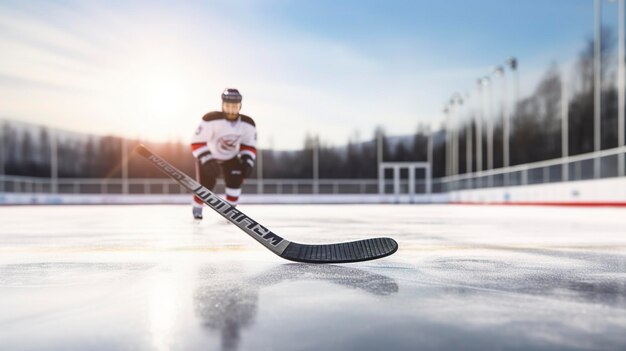 A photo of a hockey stick and puck on an ice rink