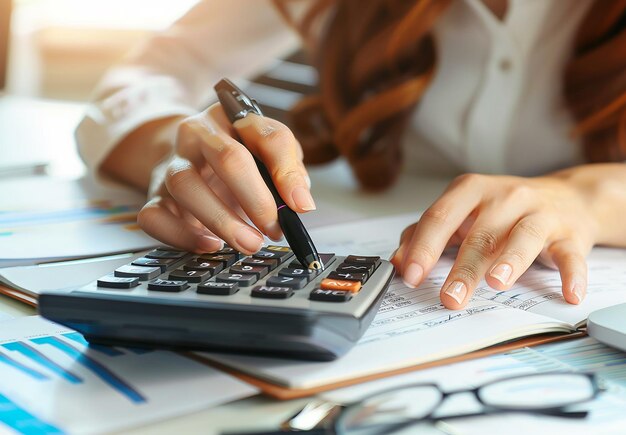 Фото с калькулятором в руках, проверяющее прибыль компании, работающий менеджер по счетам доходов
