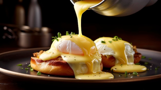 Photo a photo of hollandaise sauce pouring on eggs benedict