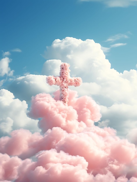 Foto foto del simbolo della santa croce con una scena del cielo pacifico a forma di nuvola con l'arte della palma di pasqua del venerdì santo