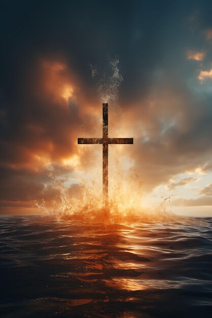 Photo of Holy Cross Symbol With Cloud Shaped Sunrise Over the Ocean S Good Friday Easter Palm Art