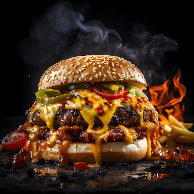 Photo Home made hamburgers with fire on black generative ai