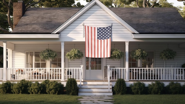 a photo of home with hanging american flag in front of it