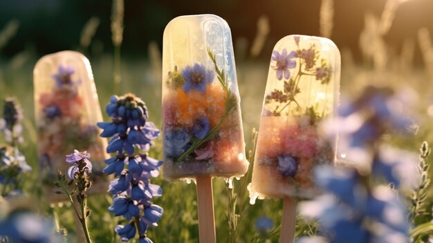 Foto foto fatta in casa estiva fiore selvatico pop di ghiaccio ai generativa