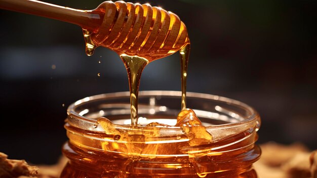 A photo of honey cascading down the side of a glass jar