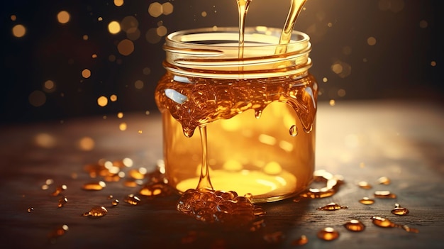 A photo of honey drops forming on the rim of a glass jar