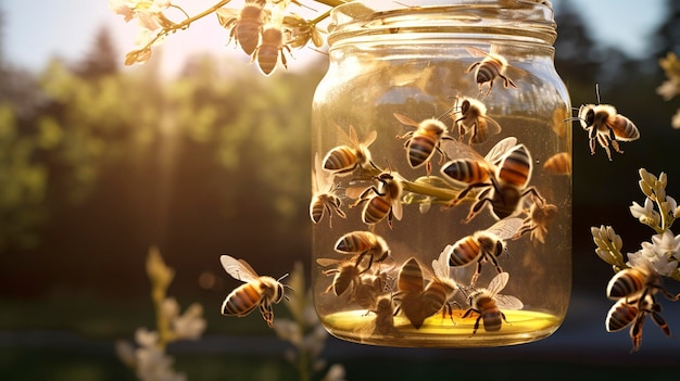 A photo of a honey jar surrounded by bees