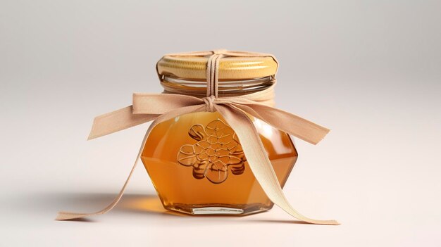 A photo of a honey jar with a vintage label full length photo