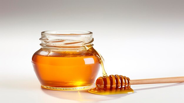 A photo of a honey jar with a wooden honey stick full length photo