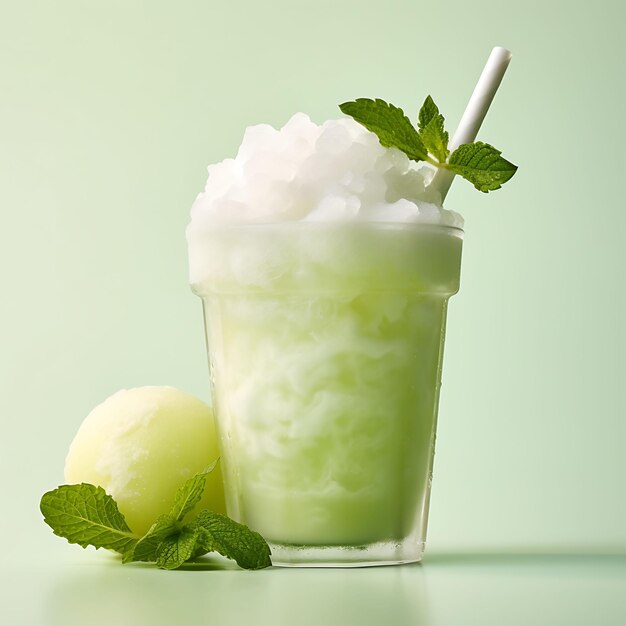 Photo of honeydew coconut slushie blended honeydew and coconut milk b front view clean bg