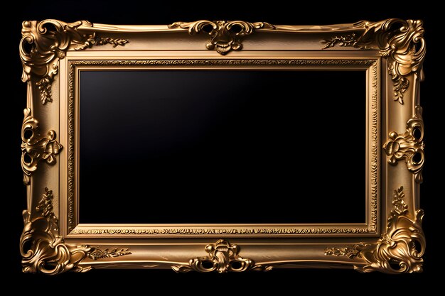 Photo Horizontal gold picture frame mockup on the black background with copy space