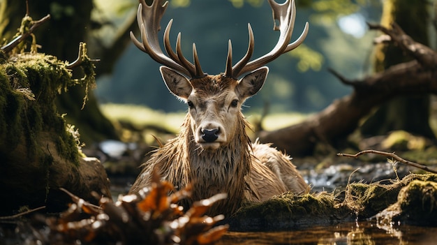 photo horned stag grazes in tranquil autumn meadow generative ai