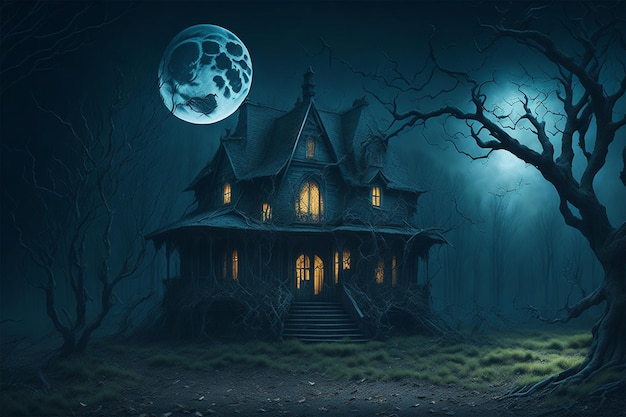 Фото ужасов Хэллоуин дом с привидениями в жутком ночном лесу