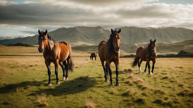 ニュージーランドの草原を歩く馬の写真