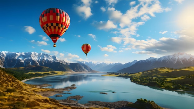 Photo of hot air balloon in blue sky with mountains and lake view