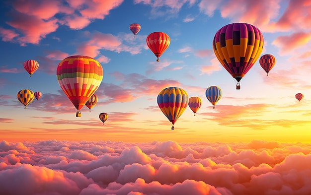 Фотография горячих красочных воздушных шаров с утренними горами и обоями неба