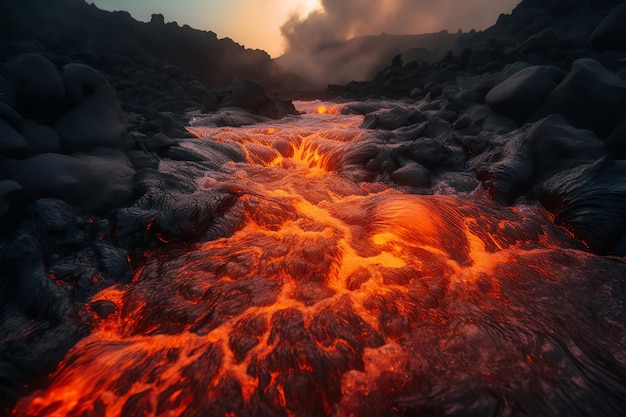 Photo of hot lava flowing through the river generative ai