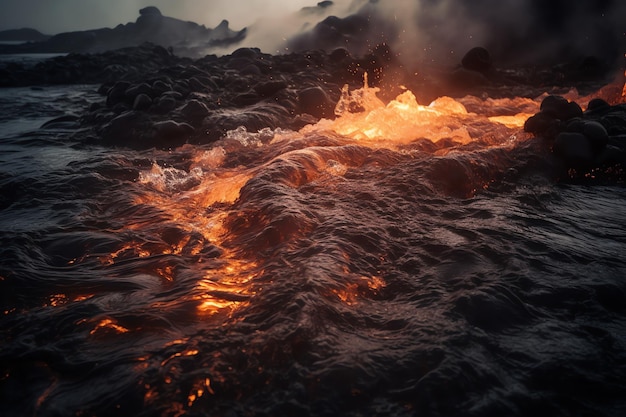 川を流れる熱い溶岩の写真